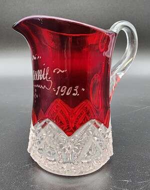 1903 Ruby Stained Cut Glass Pitcher Souvenir Etched Name 4.25” Antique